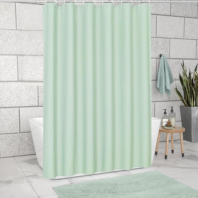 MitoVilla Green Waffle Fabric Shower Curtain, Heavy Waffle Weave Textured Shower Curtains for Modern Luxury Bathroom Decor, Weighted Hotel Spa Shower Curtain, 72 x 72, Mint Green