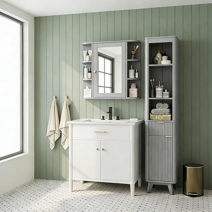Merax Bathroom Wall Storage Cabinet with Mirror, 26 Inch Medicine Cabinet with Mirror Doors & Adjustable Wood Shelf, Space-Saving Modern Mounted Storage Cabinets with 6 Open Shelves, Gray