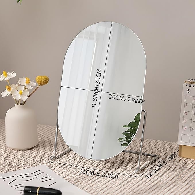 Vanity Desk Table Mirror with Stand Makeup Mirrors for Desk, Adjustable Rotation Vintage Oval Tabletop Silver Make Up Bathroom Mirror for Women