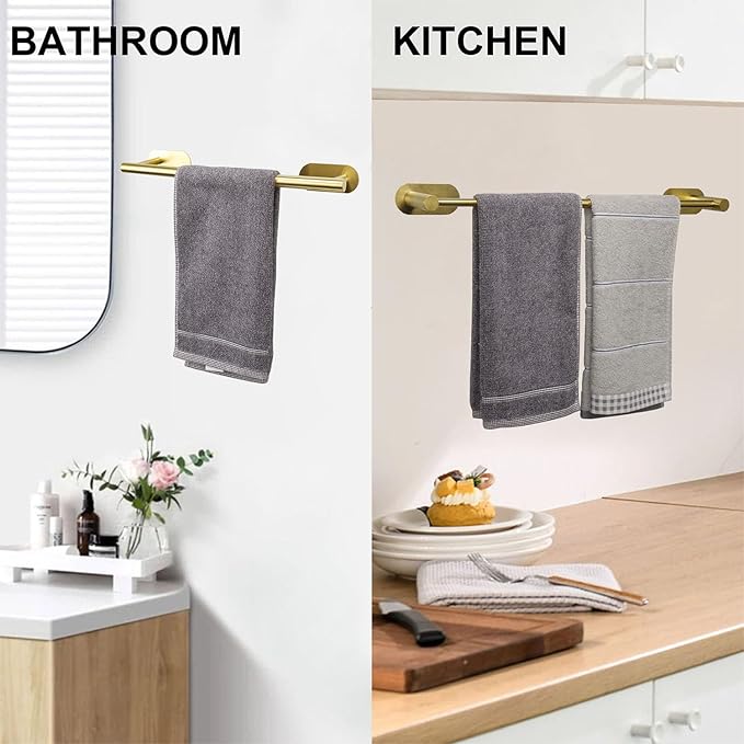 TocTen Self Adhesive Towel Bar, Stick Bath Towel Rack for Bathroom Adjustable 16-24", Stainless Steel Bathroom Towel Holder, No Drill Stick on Wall Towel Hangers for Bathroom(Brushed Gold)