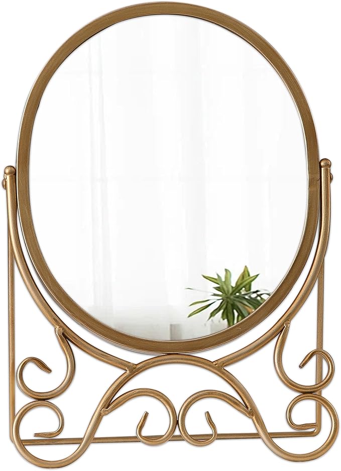 Vintage Gold Standing Mirror 10 X 15 Inch, Metal Framed Oval Table Mirror, Antique Makeup Mirror with Stand for Desk, Vanity Mirrors Tabletop for Living Room Bathroom Bedroom Shelf