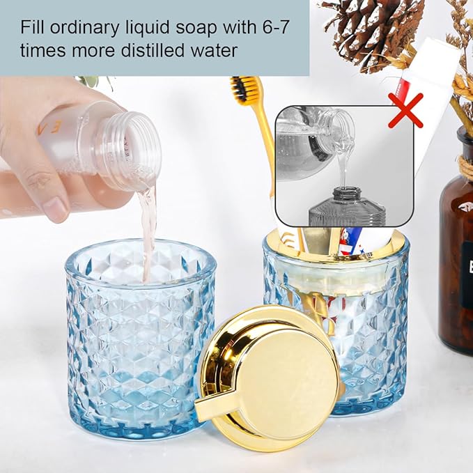 Bathroom Accessories Set 2pcs Glass Foaming Soap Dispenser and Toothbrush Holder for Bathroom Countertop, Blue Glass Bathroom Assessory Set with Gold Decor