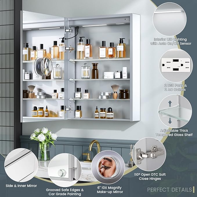 24x32 Inch Medicine Cabinet with Lights, AL Alloy Frame, Plug-in or Hardwired, Recessed or Wall Mount, Mirror Doors/3 Colors/Dimmable/Interior Sensor Light/Defog,2 Outlets &USBs,3 Shelves