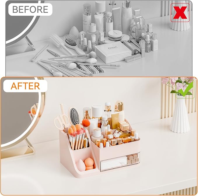 Yieach Countertop Makeup Organizers With Brush Holder,Big Skincare Organizers for Vanity,Dresser,Bathroom,Plastic Cosmetics Storage Organizer with Drawers for Lotion,Beauty,Hair Product & Tool,Pink