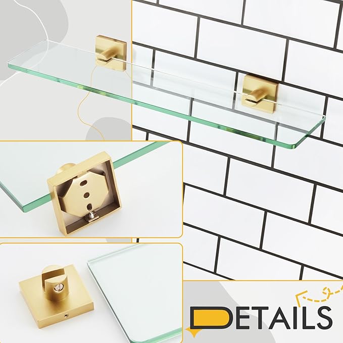 KOKOSIRI Wall Shelves 20-Inch Floating Tempered Glass Shelf for Bathroom Kitchen Hanging Rack Shower Storage, 2 Pack Gold Stainless Steel B1107BG-L20-P2