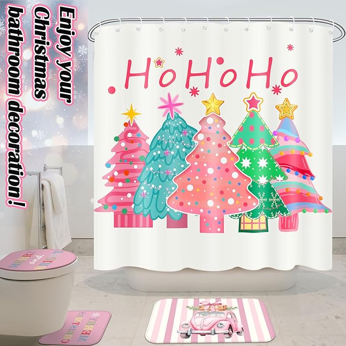 Drydiet 4 Pcs Christmas Shower Curtain Set Bathroom Decoration Non Slip Rugs Mat Toilet Lid Cover Shower Curtain for Xmas Holiday Farmhouse Home Bathroom Decor(Pink Christmas)