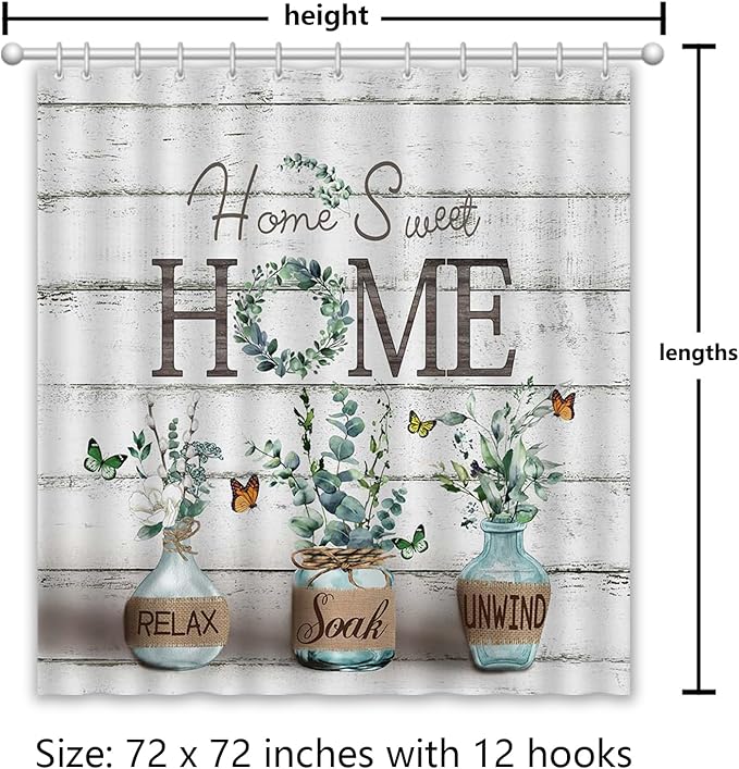 Farmhouse Shower Curtain, Green Eucalyptus Rustic Bathroom Decor with Waterproof Fabric, Country Style Relax Soak Unwind Butterfly Shower Curtains for Vintage Bathroom, 72x72 Inch