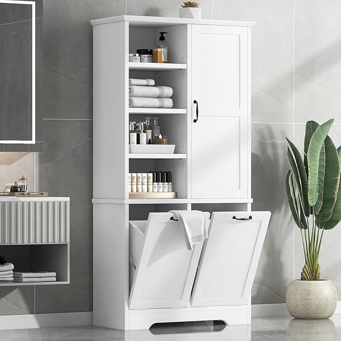 Virubi Tall Laundry Hamper Cabinet with 2 Tilt Out Hamper, Wood Tall Bathroom Laundry Room Storage Cabinet with Adjustable Shelves, Freestanding (White)