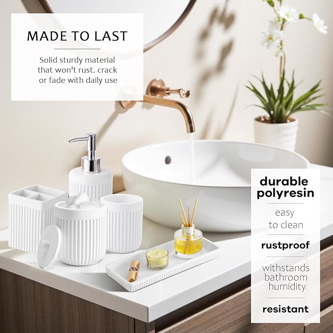 XLHOMO White Bathroom Sets with Shower Curtain and Rugs, 8-Piece Resin Bathroom Accessories Sets Complete with Soap Dispenser, Toothbrush Holder, Tumbler, Tray & Cotton Swab Jars Bathroom Essentials
