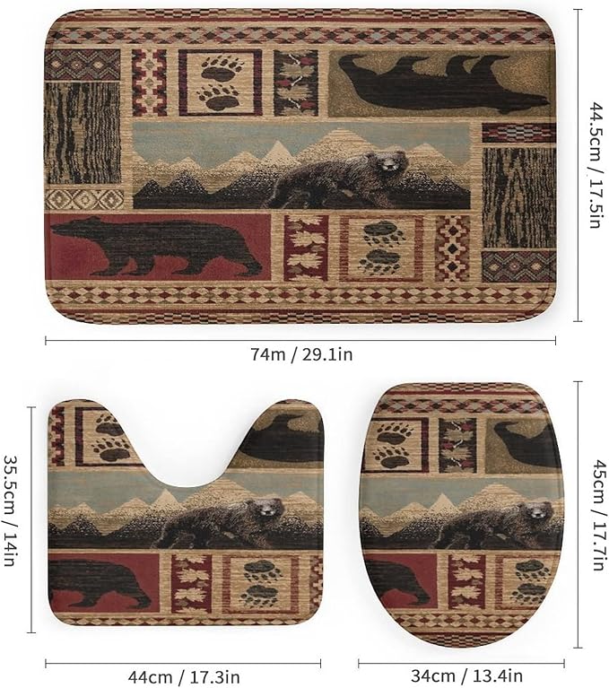 Rustic Cabin Bear Shower Curtain Sets with Rugs 4 Piece Accessories Bathroom Curtains Shower Set Include Shower Curtain Non-Slip Rug Toilet Lid Cover Bath Mat One Size