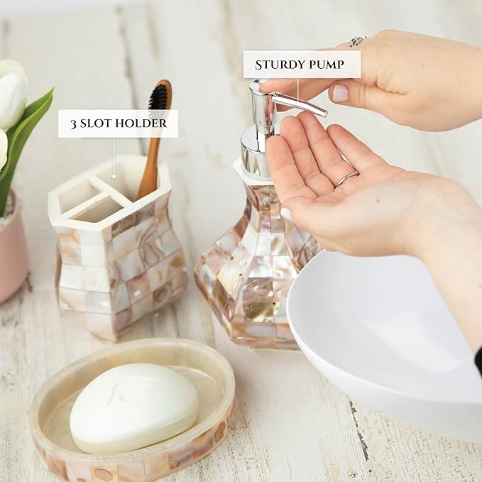 Milano Bathroom Accessories Set - 4 Piece Bathroom Accessory Set with Natural Mother of Pearl Shells - Decorative Bathroom Set Includes: Soap Dispenser, Toothbrush Holder, Tumbler and Soap Dish