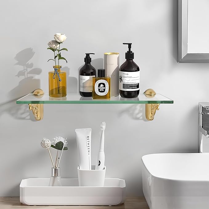 khtumeware 24 Inches Glass Shelves for Bathroom, Brushed Gold Floating Glass Shelf Zinc Tempered Glass Bathroom Shelves for Wall Mount Modern