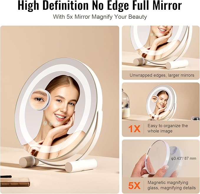 VEVOR 12” Vanity Mirror with Lights, LED Makeup Mirror 3 Color Lighting Modes, with 5X Magnification Mirror, Smart Touch Control, 360°Rotation,Round Lighted Makeup Mirror for Bedroom Tabletop (White)