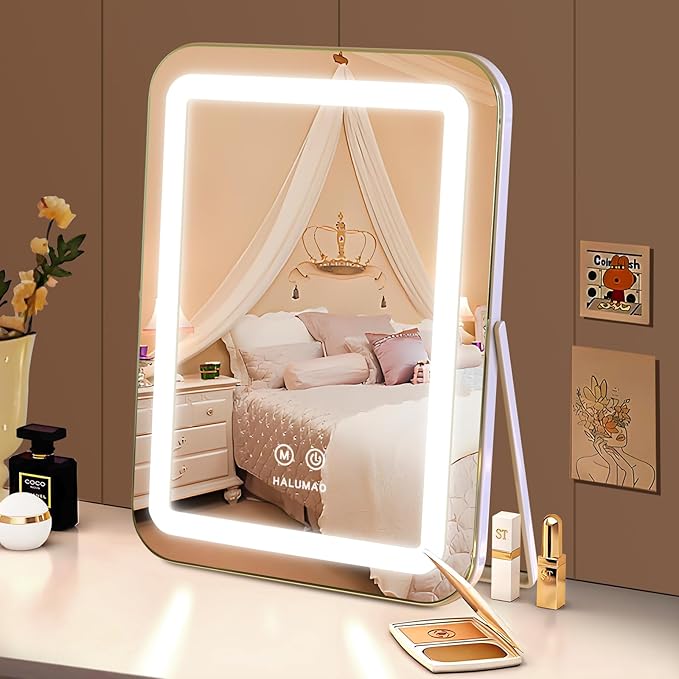 halumao Vanity Mirror with Lights, 14.5" Light Up Makeup Mirror, LED Makeup Mirror with Lights for Bedroom Tabletop, Smart Touch Control 3 Colors Dimmable, 360° Rotation