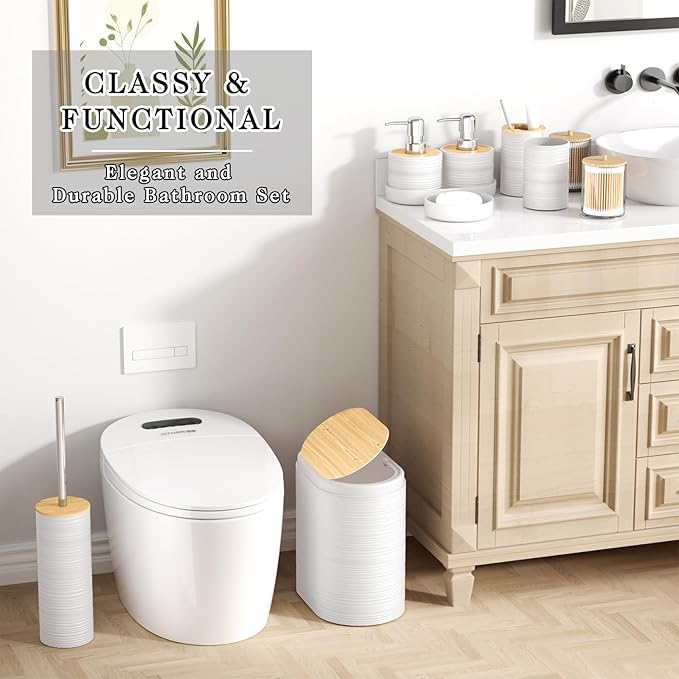 XLHOMO White Bathroom Set - 10PC Bathroom Accessories Set, Luxury Bathroom Accessory Set with Trash Can,Toilet Brush & 2 PC Soap Dispensers for Apartment Decor and Housewarming