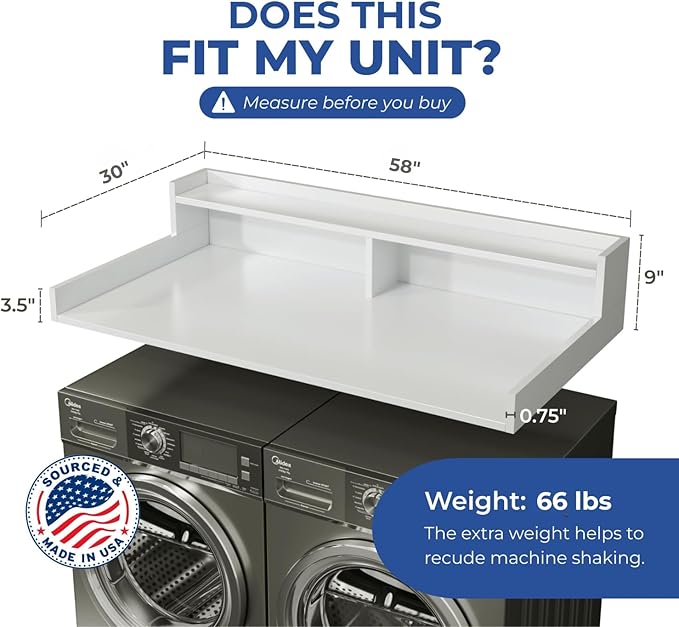 OfficeSimpli Large Washer Dryer Countertop with Shelf - 30 x 58 Inch - Made in USA Laundry Countertop Over Washer and Dryer with Non-Slip Pads, Storage Shelf, Laundry Topper Organizer, Gracier White