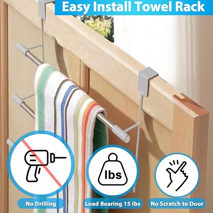 Over The Door Towel Racks for Bathroom, No-Drill Behind Door Organizer, 3-Tier Metal Towel Holder, Glass Shower Room Door Hanger Towel Bar for Hanging, Drying, Renter Friendly Space Saver, Anti-Rust