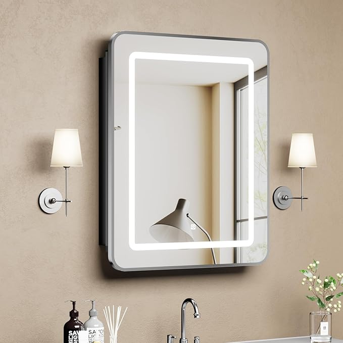 LOVMOR Led Medicine Cabinet with Mirror, Bathroom Vanity Mirror Cabinet with Shelves, 3-Color Lights Dimmer, Silver 30" H x 24" W