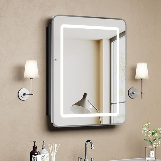 LOVMOR Led Medicine Cabinet with Mirror, Bathroom Vanity Mirror Cabinet with Shelves, 3-Color Lights Dimmer, Silver 30" H x 20" W