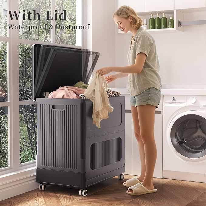 HAIXIN HOME 130L Rolling Laundry Hamper with Lid, Large Plastic Laundry Basket for College Dorm, Foldable Dirty Clothes Hamper Organizer for Industry, Bedroom, Living Room, Bathroom - Black 2 Pack