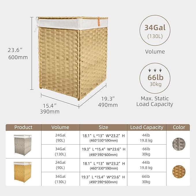 Wicker Laundry Hamper with Lid,34 Gal(130 L) Rattan Laundry Basket 2 Sections with Lid, Removable Machine Washable Line, Large Clothes Hamper with Handles for Bathroom Bedroom, Yellow