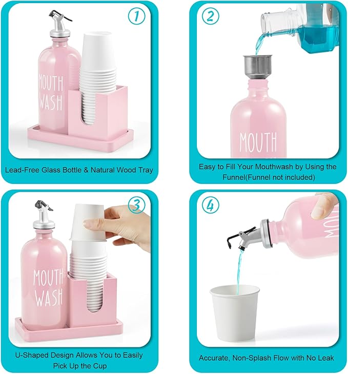 Glass Mouthwash Dispenser for Bathroom, 16 OZ Mouthwash Dispenser with Pour Spout and Wood Cup Holder and Tray, Mouth Wash Bottle Container, Farmhouse Kitchen Bathroom Decor and Accessories, Pink