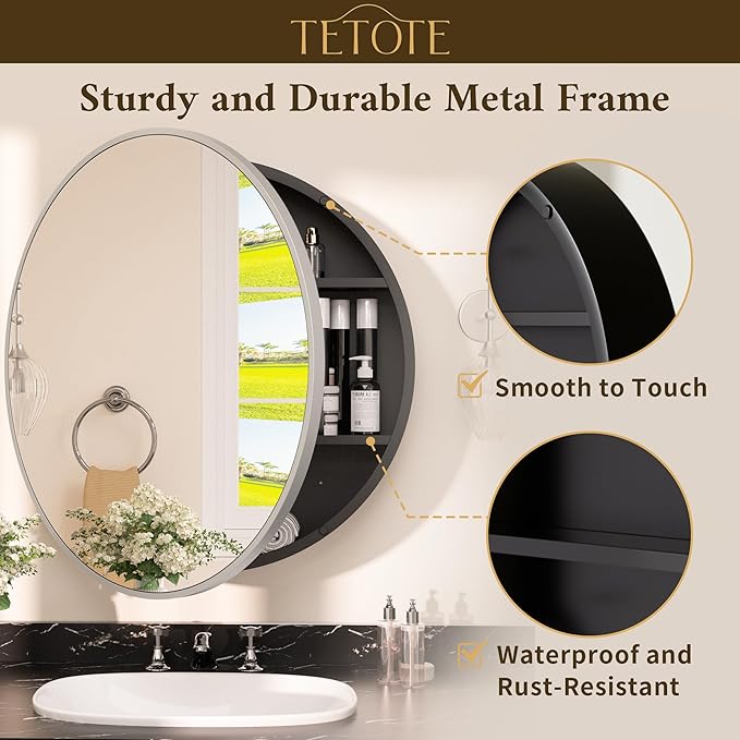 TETOTE Bathroom Mirror Cabinet 30 x 30 Matte Silver Gray Round Bathroom Medicine Cabinet with Mirror Adjustable Shelves Farmhouse Wall Mirror with Storage Surface Mounted