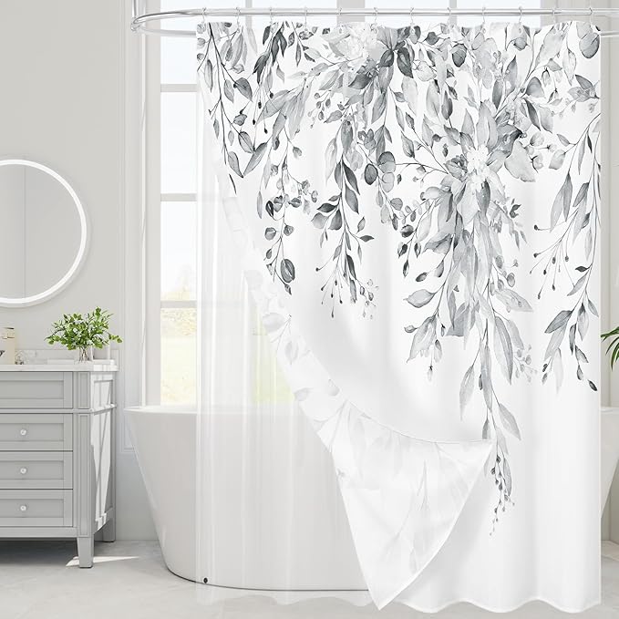 Gibelle Long 3 in 1 Shower Curtain Set, Watercolor Eucalyptus Bath Curtain and PEVA Liner Set with 12 Metal Hooks, Modern Waterproof Fabric Bathroom Curtain 72x78, Grey