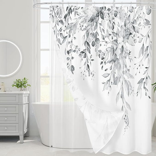 Gibelle Long 3 in 1 Shower Curtain Set, Watercolor Eucalyptus Bath Curtain and PEVA Liner Set with 12 Metal Hooks, Modern Waterproof Fabric Bathroom Curtain 72x78, Grey
