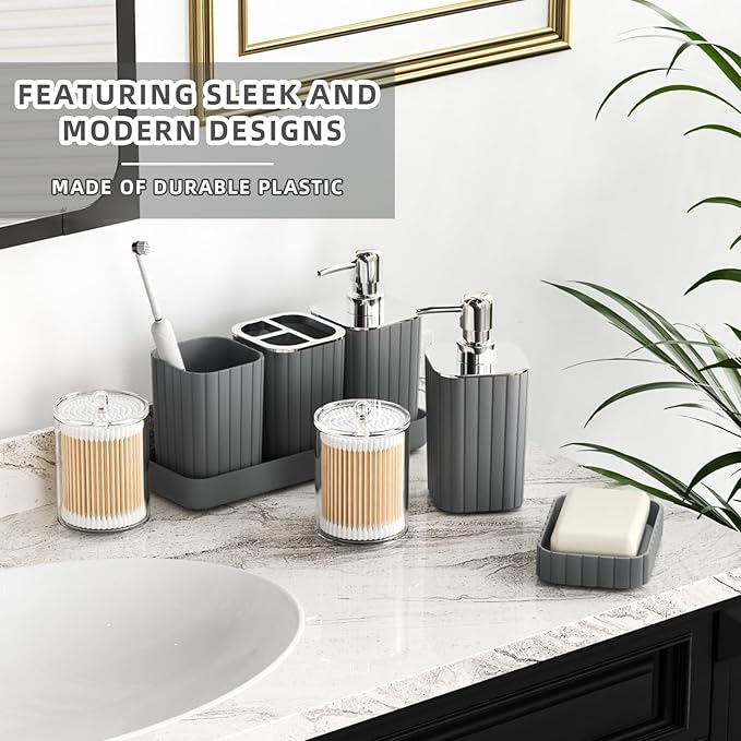 XLHOMO Bathroom Accessories Set - Gorgeous Grey Bathroom Set, 10PC Bathroom Accessory Set, Gray Bathroom Accessories Set, Trash Can, Qtip Holder Dispenser & Soap Dispenser