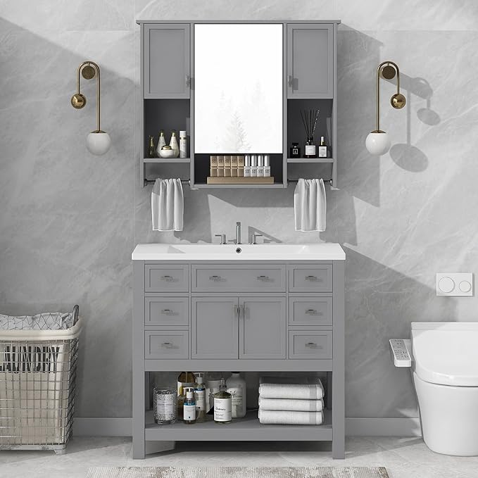Merax Medicine Cabinet for Bathroom, Wall Mount Bathroom Cabinet with Mirror, Open Shelf, and Towel Bar, 35" W x 28.7" H Over The Toilet Mirrored Bath Wall Cabinet