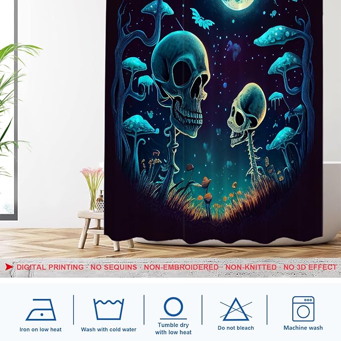Shrahala Happy Halloween Funny Decorative Shower Curtain, Skeletons Grass Mushrooms Starry Sky Bathroom Décor Polyester Fiber Waterproof with Plastic Rings for Shower Stall Bathtubs 72 x 72 in