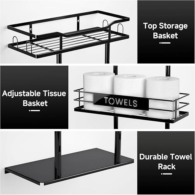 Towel Racks for Bathroom, 30inch Wall Mounted Towel Rack, Towel Storage for Small Bathroom Can Holds 6 Large Towels, Floating Shelf with Adjustable Tissue Basket(Black).