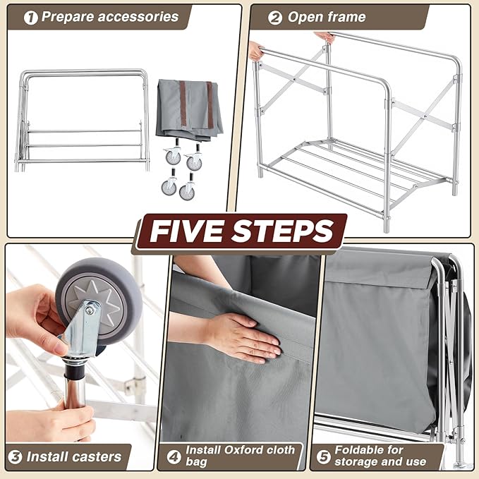 Collapsible Laundry Cart with Wheels, 12 Bushel (400L) Commercial Hamper Basket Large Heavy Duty Rolling Laundry Basket for Home Organizer Storage, Foldable Truck, Gray