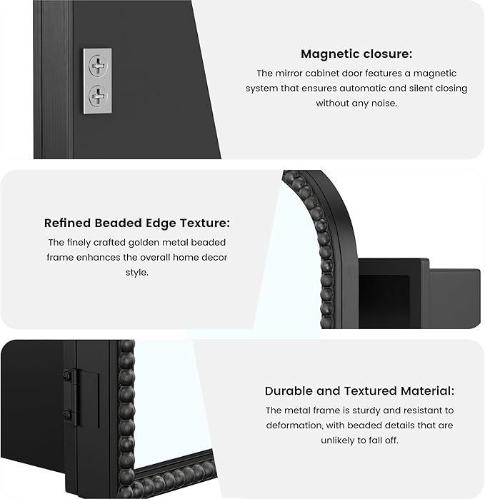 SogesHome Wall-Mounted Bathroom Mirror Cabinet, Irregular Arched Design, 19.7 x 29.9 Inch Retro Elegant Decoration Medicine Cabinet with Removable Shelves, Recessed Vanity Organizer, Black