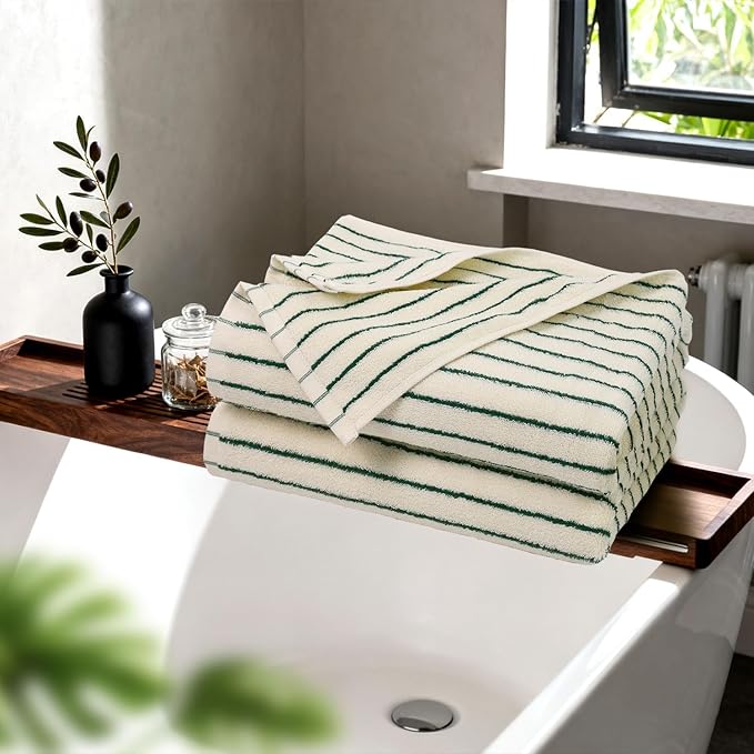 Jacquotha Green Striped Bath Towels Set of 2, Lighter & Quick Dry Towels Large 27.5 x 55 inches, Farmhouse for Bathroom Decor, Shower, Pool Days