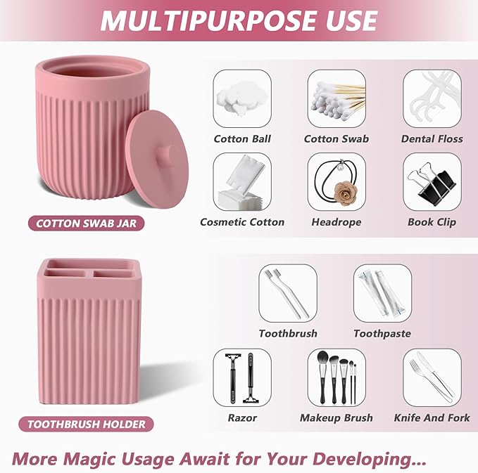 XLHOMO Resin Pink Bathroom Accessories Set 5 Pcs, Lotion Soap Dispenser, Toothbrush Holder, Bathroom Tumbler, Qtip Holder and Vanity Tray, Bathroom Countertop Organizer Set for Modern Home Apartment