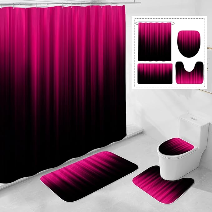 Litabel 4 Pcs Hot Pink and Black Gradient Shower Curtain Set with Rugs and Toilet Lid Cover, Modern Simple Waterproof Fabric Bathroom Set, Ombre Stripe Gothic Abstract Bathroom Decor Set Accessories