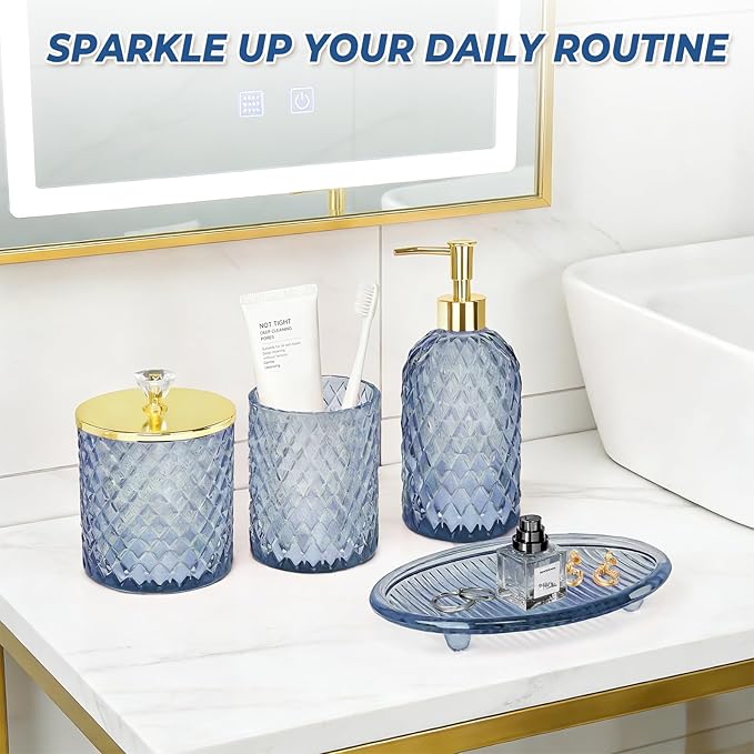 Jenseits Glass Bathroom Accessory Set 4 Piece - Elegant Blue Diamond Cut Bathroom Set - Lotion Dispenser, Toothbrush Holder, Cotton Swab Jar, Tray - Modern Guest Bathroom Countertop Decor