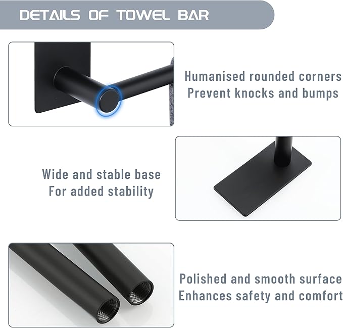 Alise Adhesive Towel Bar, 28 Inch Towel Racks for Bathroom SUS 304 Stainless Steel,Long Bathroom Towel Holder No Drill, Strong Self Adhesive Towel Bar, Matte Black