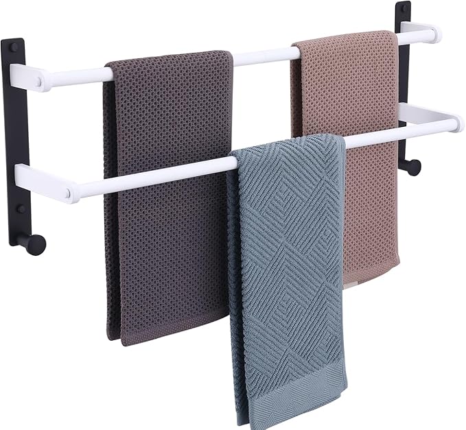24-Inch Double Towel Bar with Hooks, Stainless Steel Towel Rod - Bathroom Wall Mounted Towel Hanger, White & Black