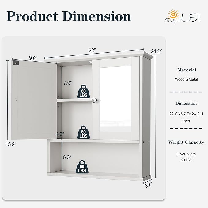 DL-win Medicine Cabinets with Mirror, Wall Mounted Bathroom Cabinet with Adjustable Shelves, White Storage Organizer for Toiletries, Towels & Daily Essentials