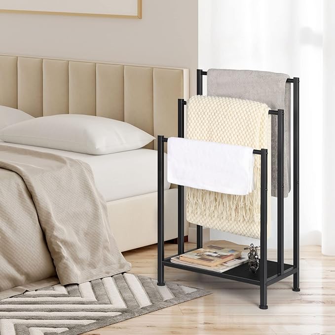 Freestanding Towel Rack, 3 Tier Metal Towel Rack Blanket Rack Stand for Bedroom Black Bath Towel Holder Stand Floor for Bathroom Floor Towel Holder with Wooden Storage Shelf
