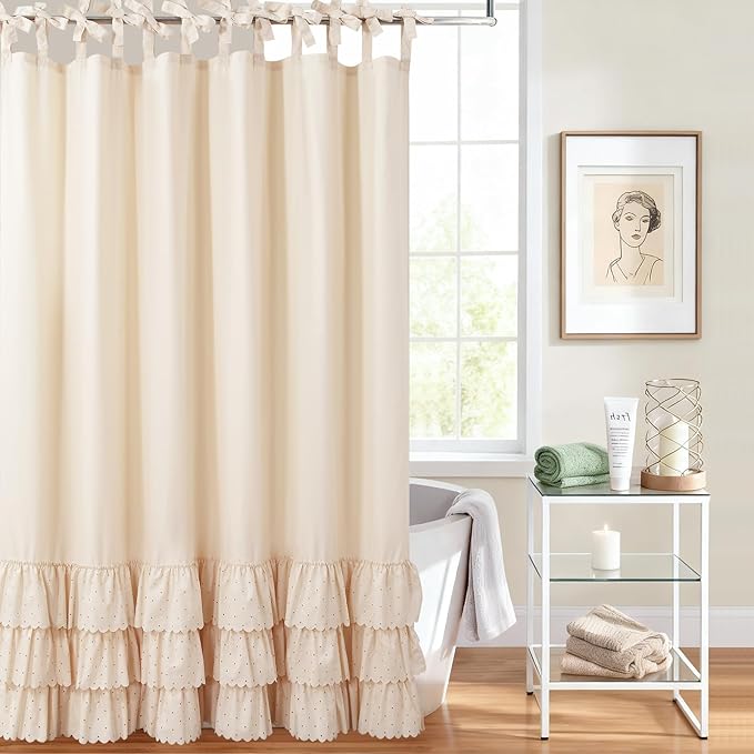 Adjustable Bow-Tie Top Beige Ruffle Shower Curtain for Girls Women, Delicate Fabric Shower Curtain with Handcrafted Ruffles and Small Holes, Waterproof Ruched Farmhouse Bathroom Curtain, 72"W x 72"H