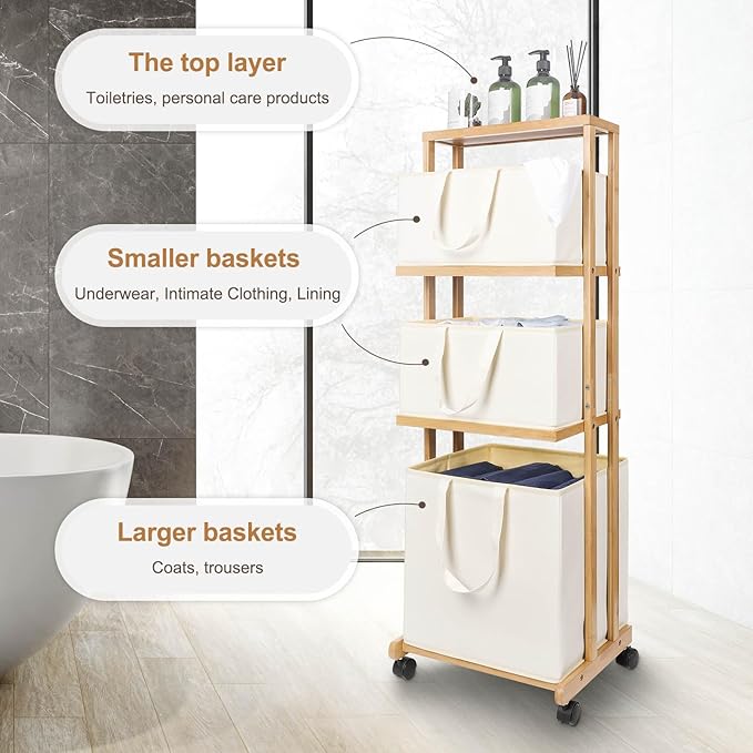 Homde Laundry Basket 3 Tier Bamboo Storage Shelf with Wheels Removable Container with Handle Freestanding Clothes Hamper Organizer for Bathroom Living Room Bedroom (Natural)