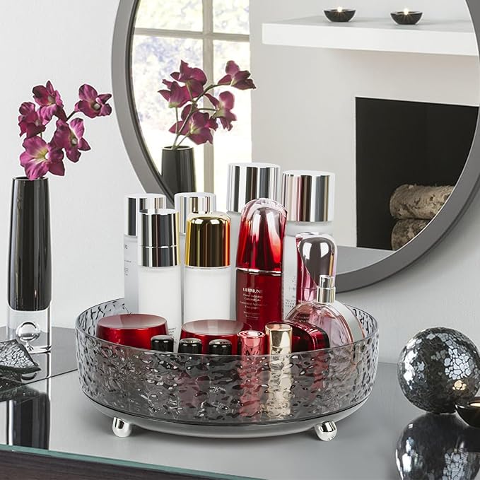 CECOLIC 360° Rotating Makeup Organizer, 11'' Lazy Susan Perfume Organizer Tray, Spinning Skincare Cosmetics Storage Organizer for Vanity, Dresser and Bathroom Countertop (Dark Grey)