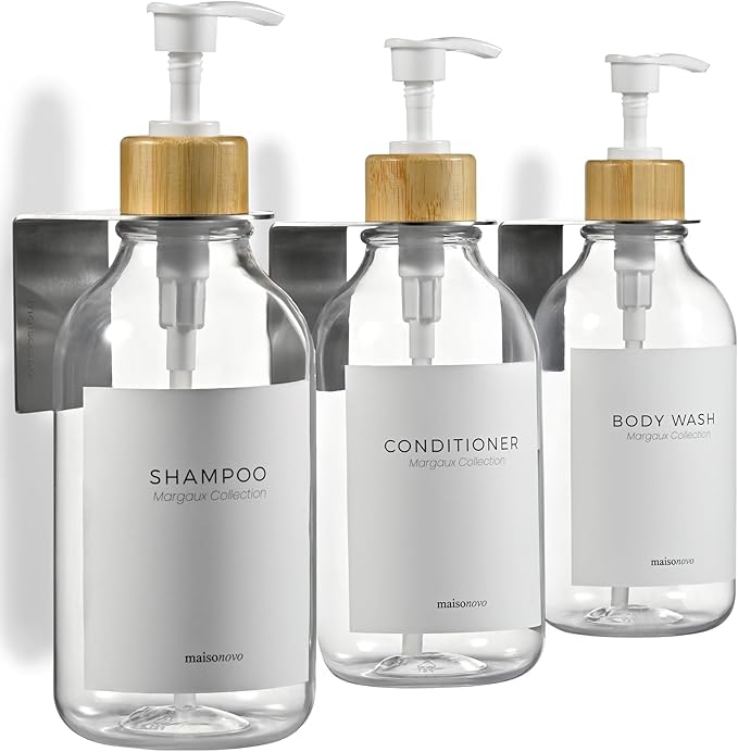 Shampoo and Conditioner Dispenser Wall Mounted Set of 3 Clear Bamboo - No Drill Shower Soap Dispenser for Bathroom Refillable - Spa Hotel Style Accessories by MaisoNovo