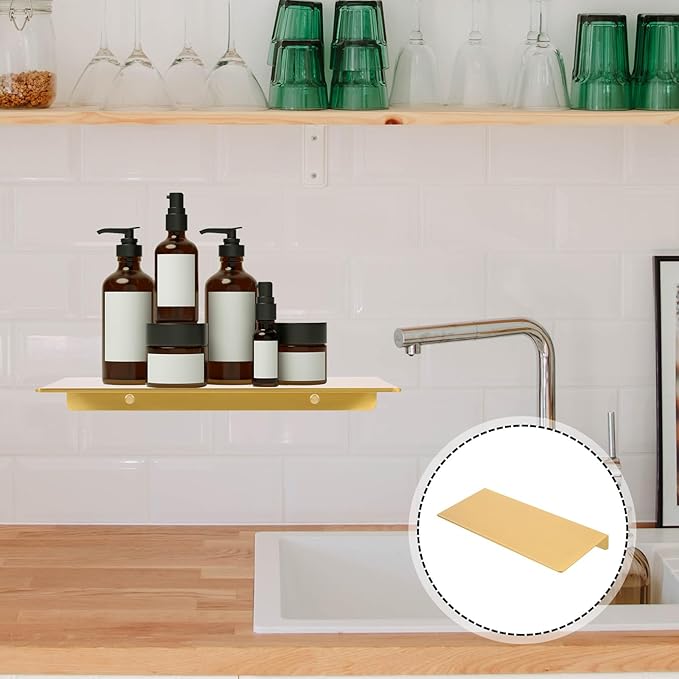 Homoyoyo Punch-Free Wall Mounted Shelf 30cm Brushed Gold Aluminum Floating Utility Shelf for Bathroom Storage Adhesive Display Rack for Home Organization
