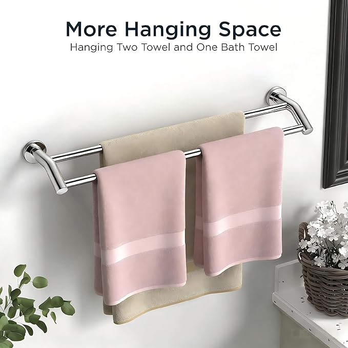 FORIOUS Double Towel Bar 24", Heavy Duty SUS304 Stainless Steel Dual Towel Racks for Bathroom Wall Mount, Space Saving Towel Rod Towel Holder Rail, Chrome