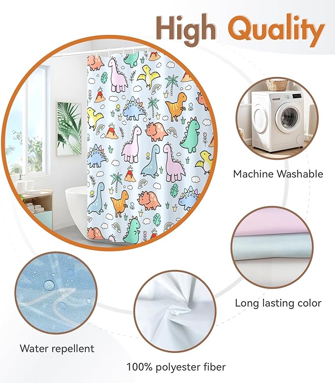 MAMUSE Shower Curtain for Bathroom - Cute Aesthetic Decorative Modern Girly Unique Girls Design Pretty Women Waterproof Fabric Cloth Cortinas de Baño Bathtub 72 x 72 Inch, Little Dino
